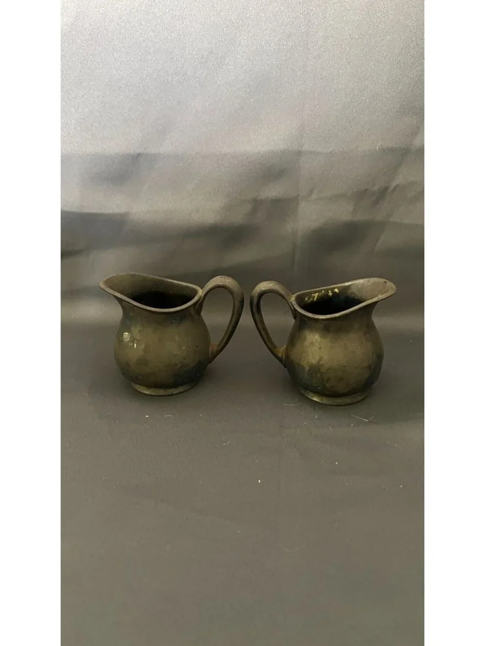 Vintage Pair Of Pewter Creamers With Handles & Marked Bases